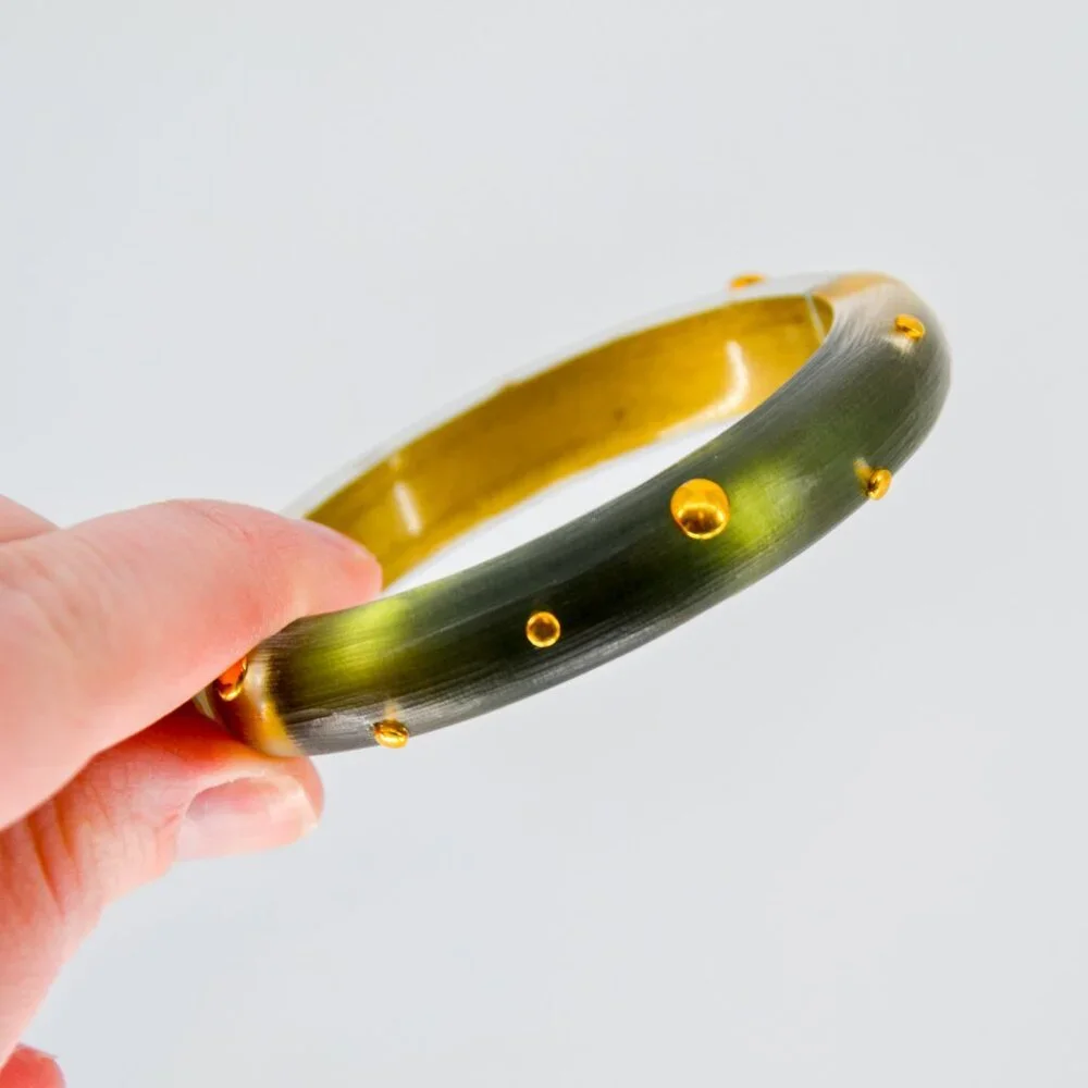 Alexis Bittar Gold Studded Lucite Hinged Statement Bracelet Transparent Green - Picture 5 of 6